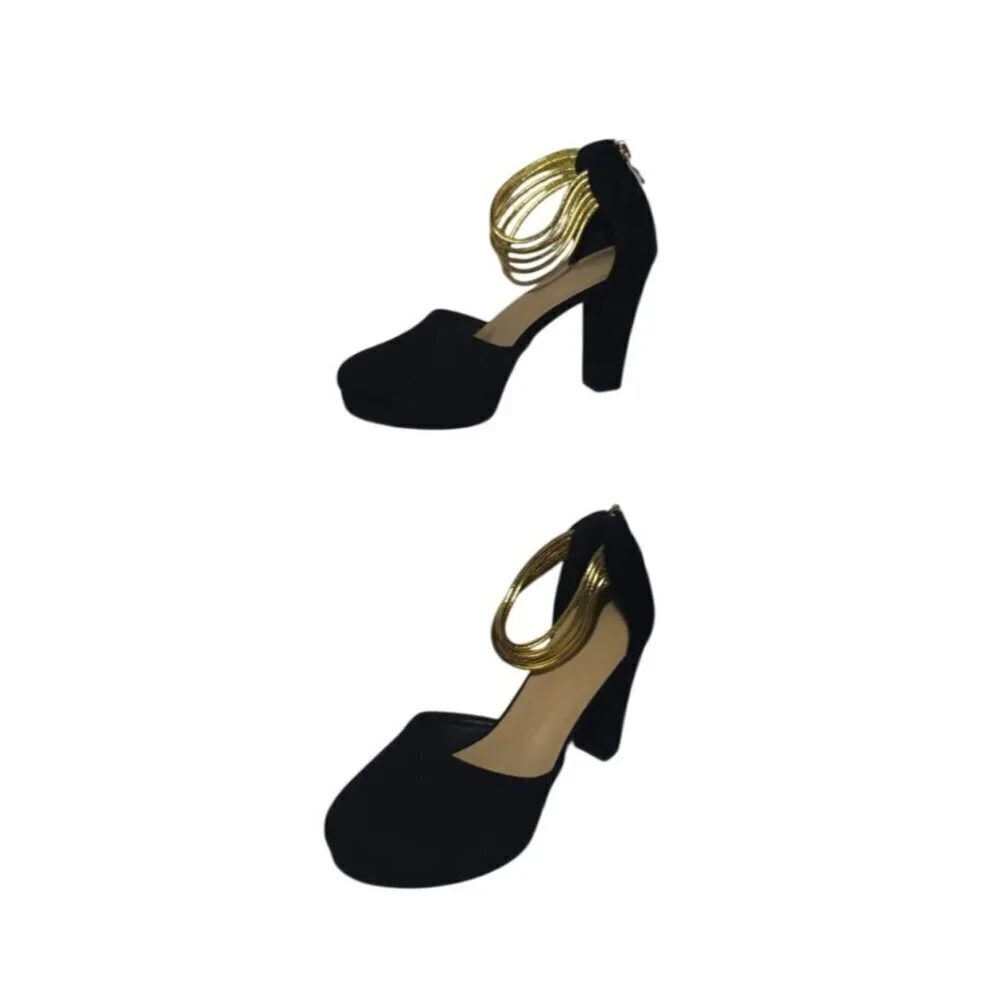 Black high-heeled sandals with ankle straps and gold details, size 38.